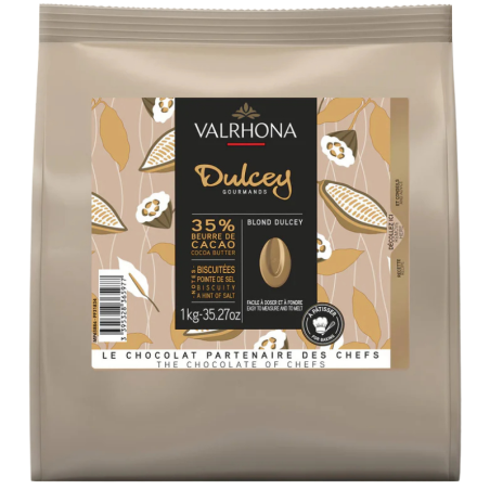 op. 1 kg Blond Dulcey 35% Valrhona - kremowa biała czekolada z nutami biszkoptów i karmelu - kaletki w ciepłym kolorze blond