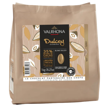 op. 1 kg Blond Dulcey 35% Valrhona - kremowa biała czekolada z nutami biszkoptów i karmelu - kaletki w ciepłym kolorze blond