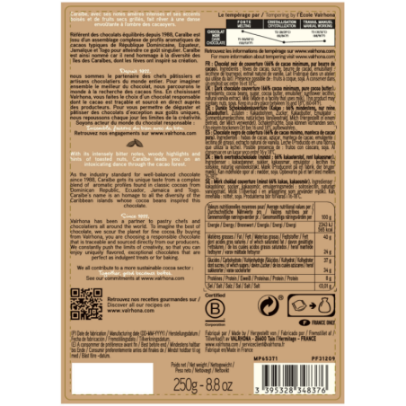 op. 250 g Caraïbe 66% Valrhona - zrównoważona ciemna czekolada z nutami prażonych orzechów - kuwertura w kaletkach