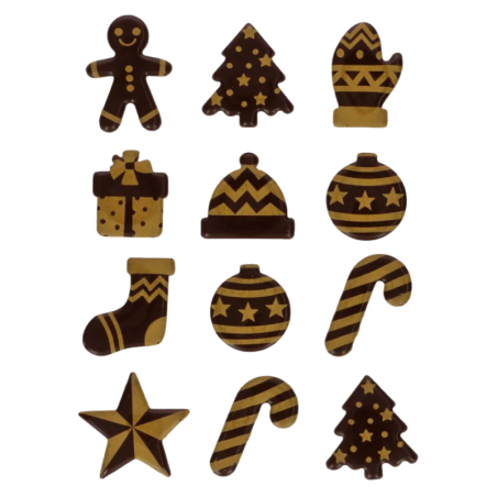 op. 12 szt. Złote figurki świąteczne - zestaw gotowych dekoracji z ciemnej czekolady - nr. kat. F50660 Fun Cakes