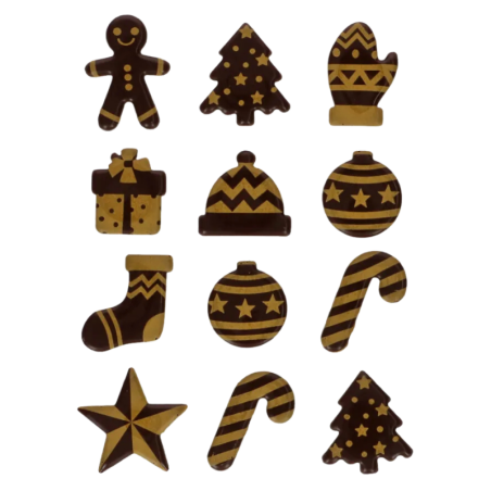 op. 12 szt. Złote figurki świąteczne - zestaw gotowych dekoracji z ciemnej czekolady - nr. kat. F50660 Fun Cakes