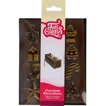 op. 12 szt. Złote figurki świąteczne - zestaw gotowych dekoracji z ciemnej czekolady - nr. kat. F50660 Fun Cakes
