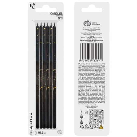op. 6 szt. Czarne świeczki urodzinowe z drobinkami złota - Milenium - dł. 16.5 cm - 7C-SUMI GoDan