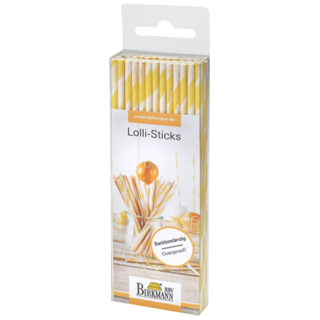 op. 48 szt. Białe papierowe patyczki w żółte paski - do lizaków i cake pops - śr. 3.5 x dł. 150 mm - nr. kat. 443228 Birkmann