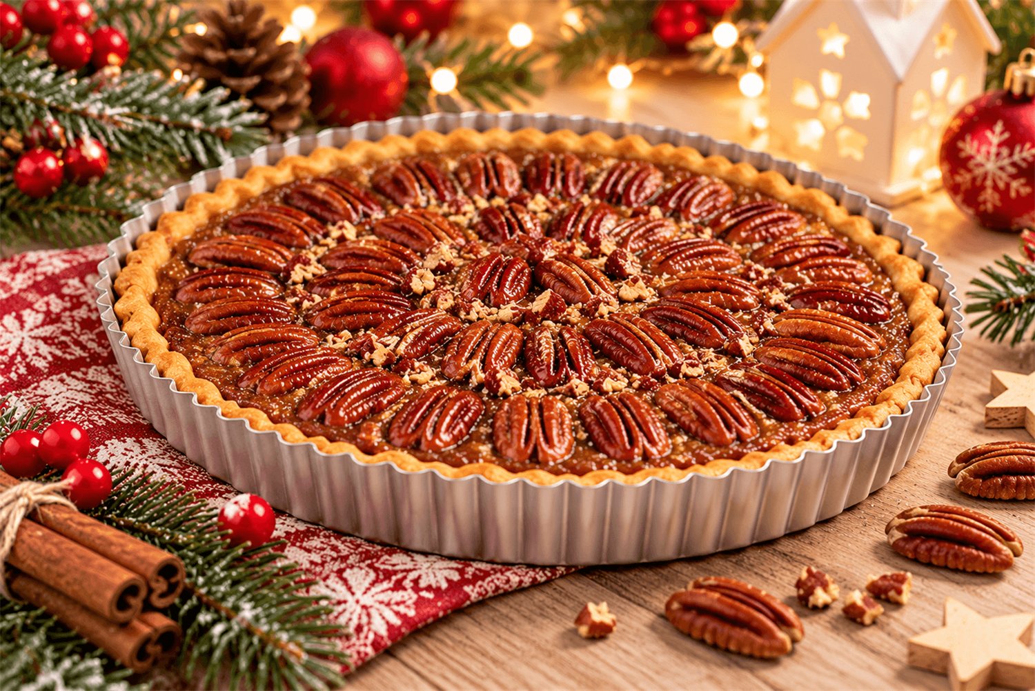 Tarta pecan z połówkami orzechów pekan na kruchym spodzie, w tle syrop klonowy