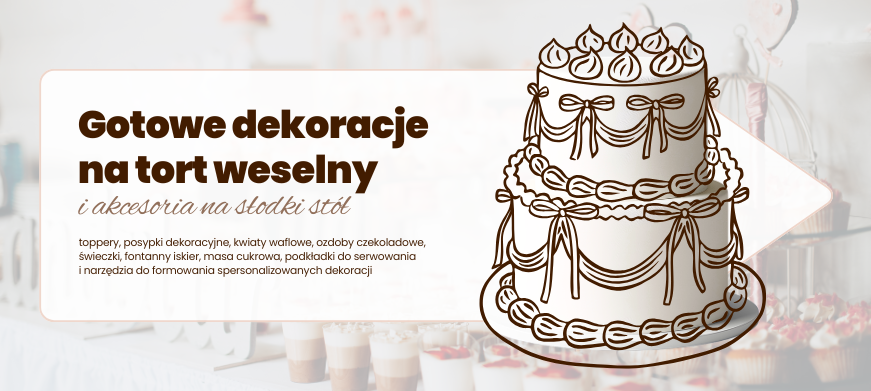 Dekoracje na tort weselny i akcesoria na słodki stół.